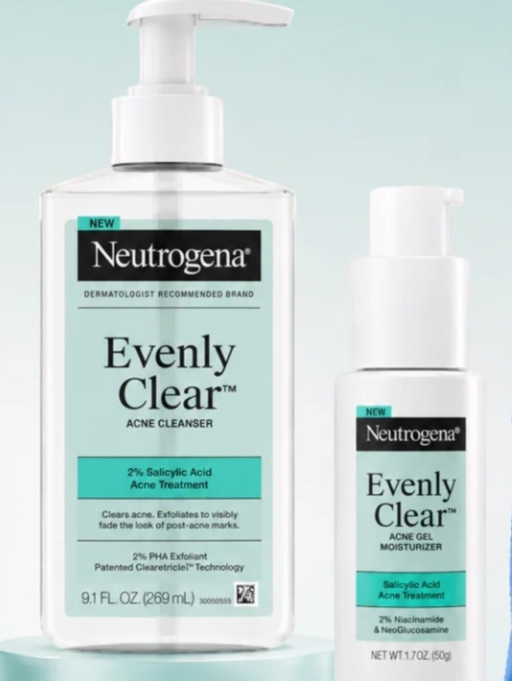Neutrogena Evenly Clear Acne Cleanser & Gel Moisturizert NIB Full Size Set